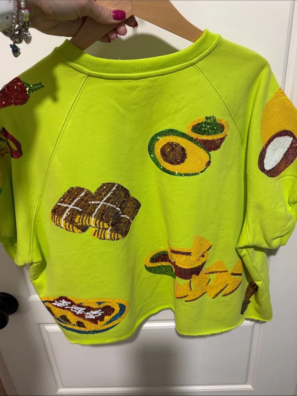 QUEEN OF SPARKLES Neon green Sequin Mexican Food Short Sleeve Sweatshirt